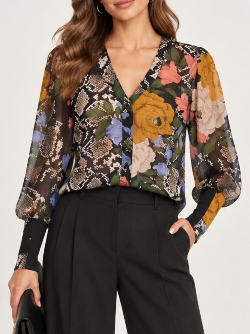 CAbi Snake Charmer Mixed Print Floral Blouson Sleeve Blouse Top SZ XL Maximalism